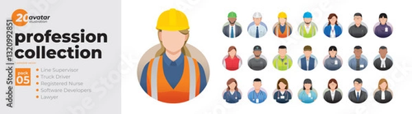 Obraz Profession collection profile avatar icons. Set of illustrations of men and women in various types of work attire. Line Supervisor, Driver, Nurse, Software Developers, Lawyer. Flat style vector design