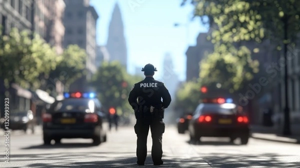 Obraz Police Officer Standing in Urban Street with Police Cars and Emergency Lights on a Bright Day in a Bustling Cityscape Setting