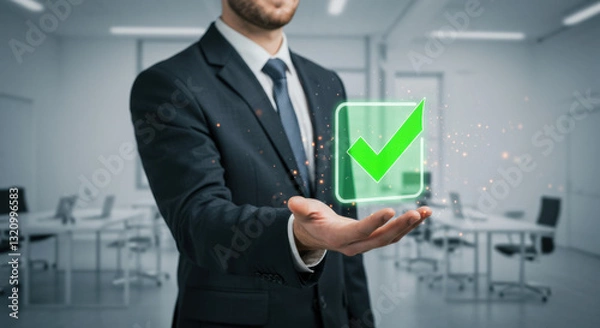 Fototapeta check mark for compliance certification or audit concept with a business man holding a digital hologram of green