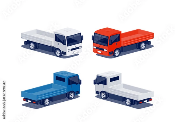 Fototapeta Modern city compact flatbed truck with separate cab and cargo area. Small medium size deck bed vehicle for urban delivery. Light duty fleet transport. Car isolated vector on white in dimetric style.