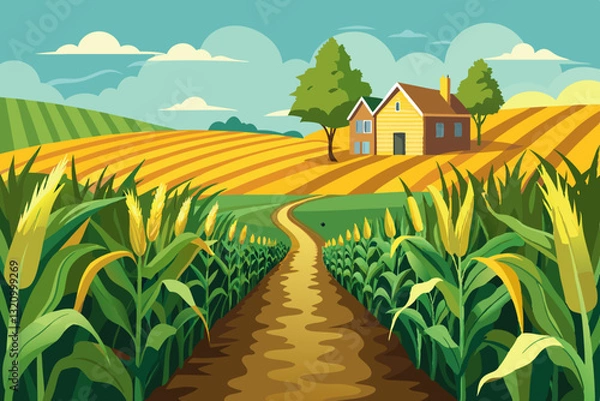 Fototapeta lush cornfield with golden stalks swaying, and a dirt path leading to a farmhouse.