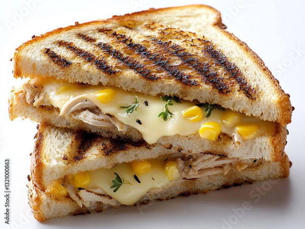 Fototapeta Grilled sandwich with layers of melted cheese chicken and corn inside golden toasted bread giving a delicious food experience with a satisfying crunch and warm cheesy taste