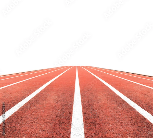 Fototapeta straight section of running track with vibrant red surface and white lines, creating sense of depth and perspective. Ideal for sports and athletic themes