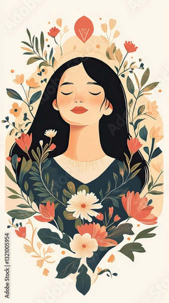 Fototapeta Simple Flat Illustration of a Happy Girl with Closed Eyes, Surrounded by a Golden Aura and Flowers, Symbolizing Harmony and Enjoyment
