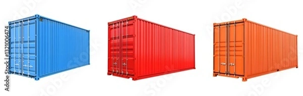 Obraz Large freight containers in blue, red, and orange colors, isolated on transparency background, showcasing their industrial design and versatility for shipping and storage needs