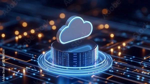 Fototapeta Futuristic Cloud Computing Icon on Abstract Digital Circuit Background with Bokeh Lights and Data Flow
