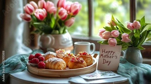 Fototapeta A serene Mother's Day scene featuring pastries, flowers, and a heartfelt card, ideal for promoting brunch ideas, greeting cards, or wellness content for caregivers.