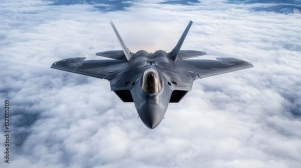 Fototapeta An advanced military jet emerges from the misty clouds, showcasing its intricate design and superior engineering, symbolizing technological advancement and military prowess.