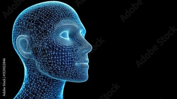 Fototapeta Futuristic 3D Wireframe Human Head with Glowing Blue Nodes