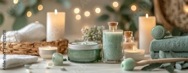Fototapeta Luxury Spa Skincare Relaxing spa setup with candles and green products. Luxury spa skincare relaxation setup with organic face masks, jade rollers, and aromatherapy candles in soft lighting