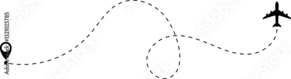 Obraz Airplane line path icon of air plane flight route with start point and dash dotted line trace. Love travel route. Airplane routes. Travel icon.