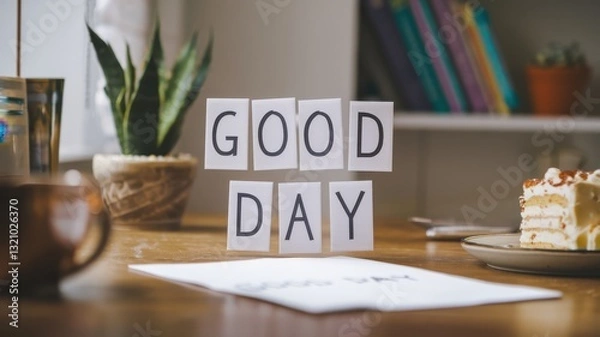 Obraz Good Day Message with Cake and Plants on Wooden Table
