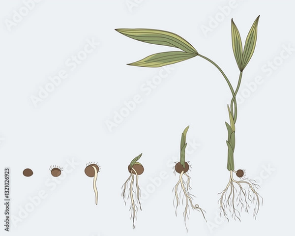 Obraz Tropical tree growth evolution from seed to plant. Palm roots. Botanical vector illustration. 