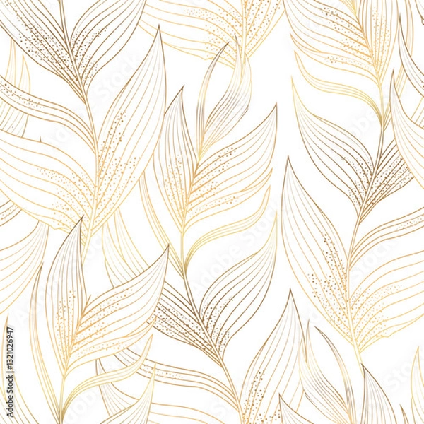 Obraz Tropical leaves foliage seamless pattern. Gold line hand drawn palm leaves on white background. 
