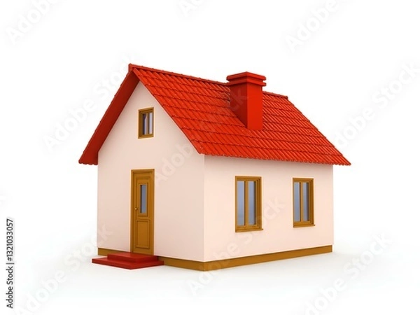 Fototapeta Bright and colorful 3D render of cartoon house with red roof with simple geometric shapes on white background for design and illustration. 