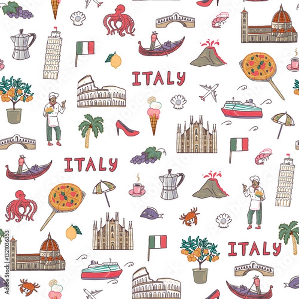Fototapeta Italy travel doodle seamless pattern. Hand drawn vector illustration.