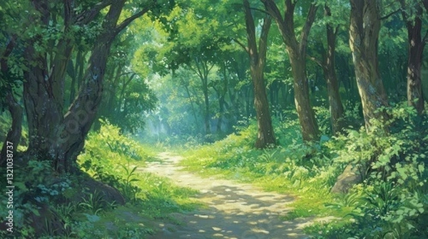 Obraz Walking Path Through Lush Green Forest with Sunlight Filtering Through Trees
