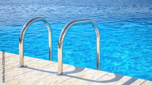 Fototapeta Inviting swimming pool featuring a sleek metal handrail and clear water creating a relaxing and refreshing atmosphere