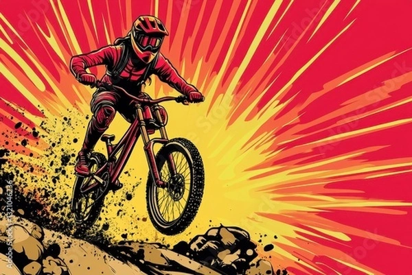 Fototapeta Mountain Biker in Action with Explosive Background Energy