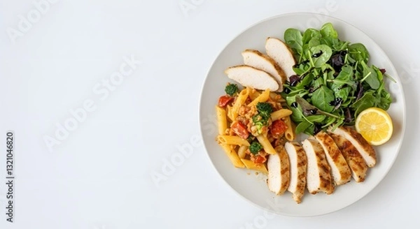Fototapeta Top-Down View of a Right-Aligned Plate Showcasing a Well-Balanced Meal with Chicken, Pasta, Fresh Vegetables, and a Side Salad