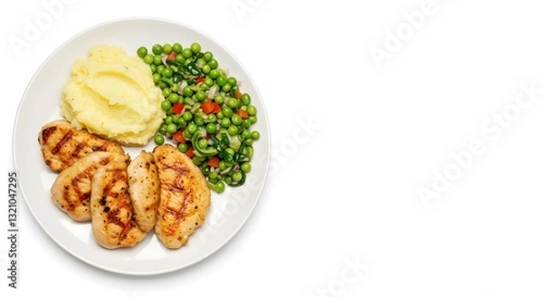 Fototapeta Classic Meal Plate with Chicken, Mashed Potatoes, and Peas on Plain White Background, HD Minimal Style