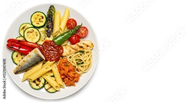 Fototapeta Healthy Meal Plate with Grilled Vegetables, Pasta, Fish, and Tomato Sauce on Plain White Background, HD Minimal Style