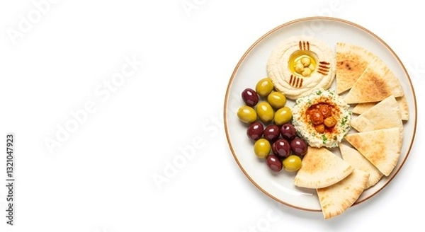 Fototapeta Middle Eastern Food Plate with Hummus, Pita Bread, and Olives on Plain White Background, HD Minimal Style