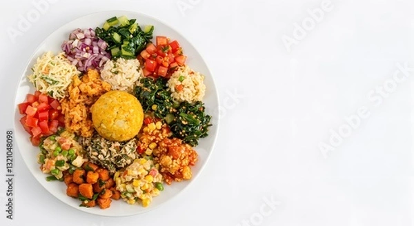 Fototapeta Colorful Vegetable and Grain Bowl on Plain White Background, HD Minimal Style