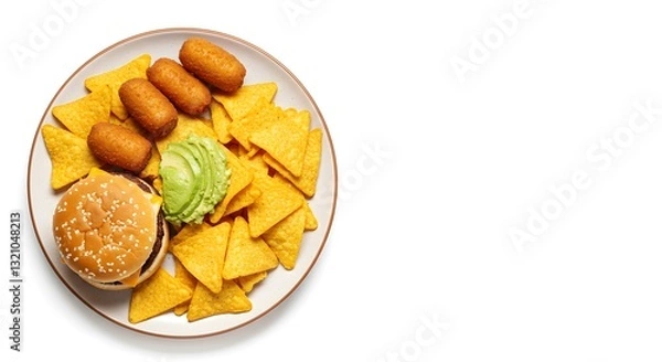 Fototapeta Fast Food Combo Plate with Hamburger, Cheese Sticks, Nacho Chips, and Guacamole on Plain White Background, HD Minimal Style