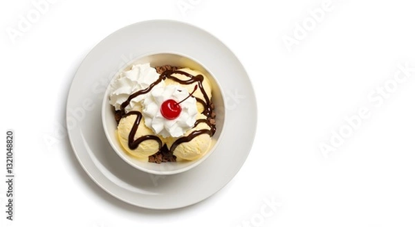Fototapeta Top Down View of Delicious Ice Cream Sundae with Whipped Cream and Cherry on White Background, HD Minimal Food Photography
