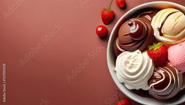 Fototapeta Top Down View of Dessert Bowl with Various Ice Cream and Chocolate on Pink Background, HD Minimal Food Photography