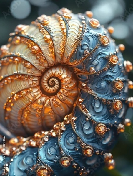 Fototapeta Intricate spiral shell with vibrant colors and detailed textures, set against a blurred natural background
