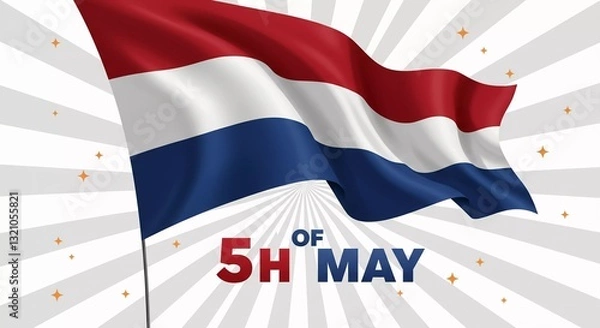 Fototapeta Trendy Happy 5th of May Netherlands independence day celebration design with stars on modern red & blue grunge brush background with the star.