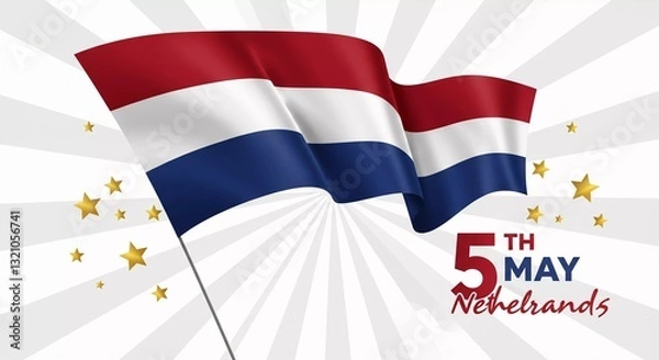 Fototapeta Trendy Happy 5th of May Netherlands independence day celebration design with stars on modern red & blue grunge brush background with the star.