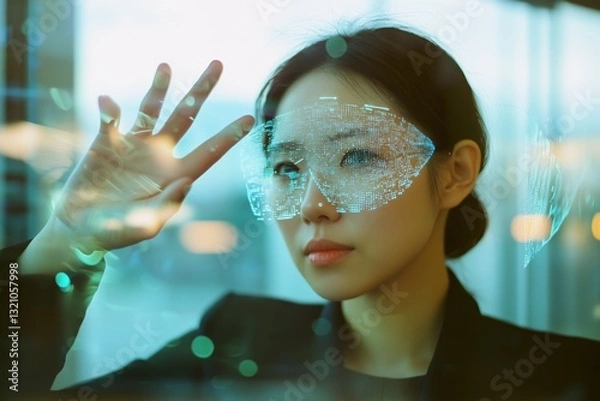 Fototapeta Businesswoman using AR or VR with holographic mask on her face. Futuristic technology