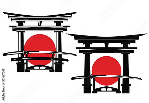 Obraz traditional japanese katana blade put on special stand for display against red sun circle and torii gate - samurai sword with scabbard vector design