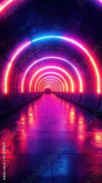 Fototapeta Vibrant neon lights illuminate a tunnel in a mesmerizing display of colors during nighttime
