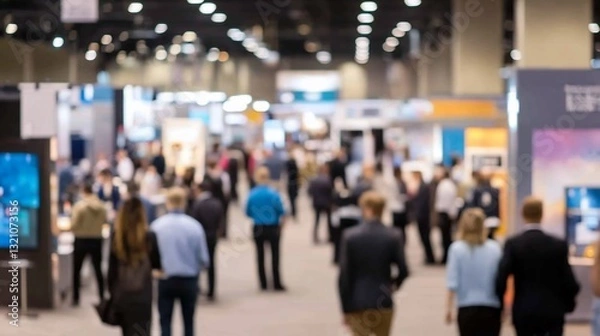 Obraz Blurred view of bustling trade show floor with attendees and exhibitors