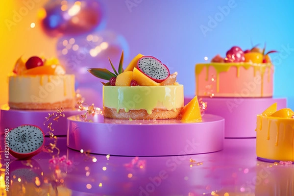 Fototapeta Colorful fruit-topped cakes with vibrant decorations on display at a festive event in a bright setting
