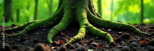 Fototapeta Tree roots exposed in soil with moss and lichen, organic, natural, tree