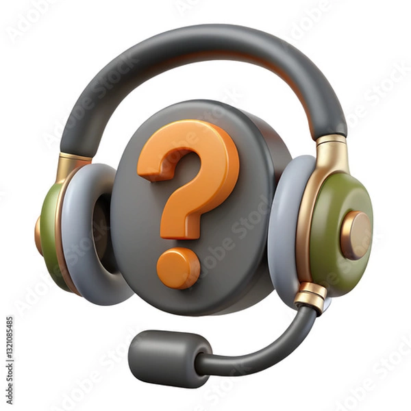 Obraz support centre icon help online icon plastic 3D render, 3D rendering, gaming headset, question mark icon, microphone boom, ear cushions, 