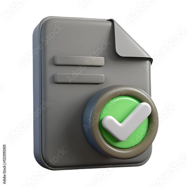 Fototapeta file approved, document file, green checkmark, approval symbol, glossy surface, rounded corners, gray color scheme, minimalist design, isometric view, digital illustration