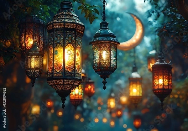 Fototapeta Magical Forest Scene with Illuminated Lanterns