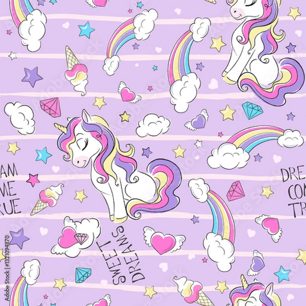 Obraz Fashion seamless pattern cute unicorn. Cartoon character. Rainbow. Print on clothes and fabric. White background