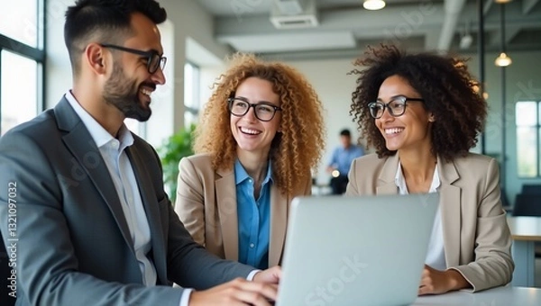 Obraz Collaborative Brainstorming: A trio of professionals share ideas, working together around a laptop, smiling with joy.