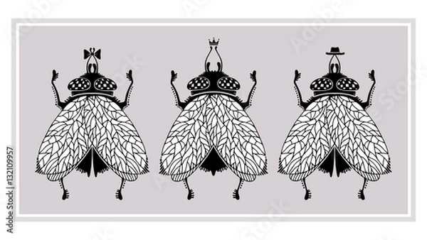 Obraz Three flies on grey background. Vector illustration.