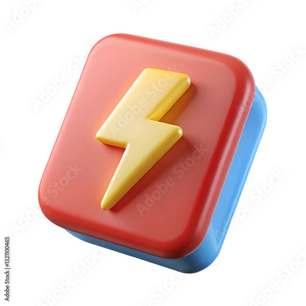 Fototapeta thunder flash icon bolt icon plastic 3D render,3D render, lightning bolt icon, soft rounded square button, coral pink background, golden yellow lightning symbol, 