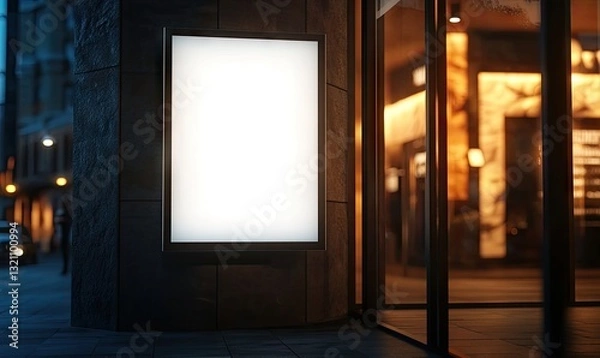 Fototapeta Empty illuminated advertisement board on city building facade at night