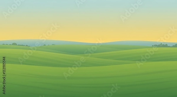 Obraz Rolling Green Hills Landscape with Yellow Sky Background Vector Illustration
