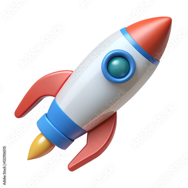 Fototapeta Cartoon rocket ship, retro space toy, space rocket illustration icon, 3D rendering, 
